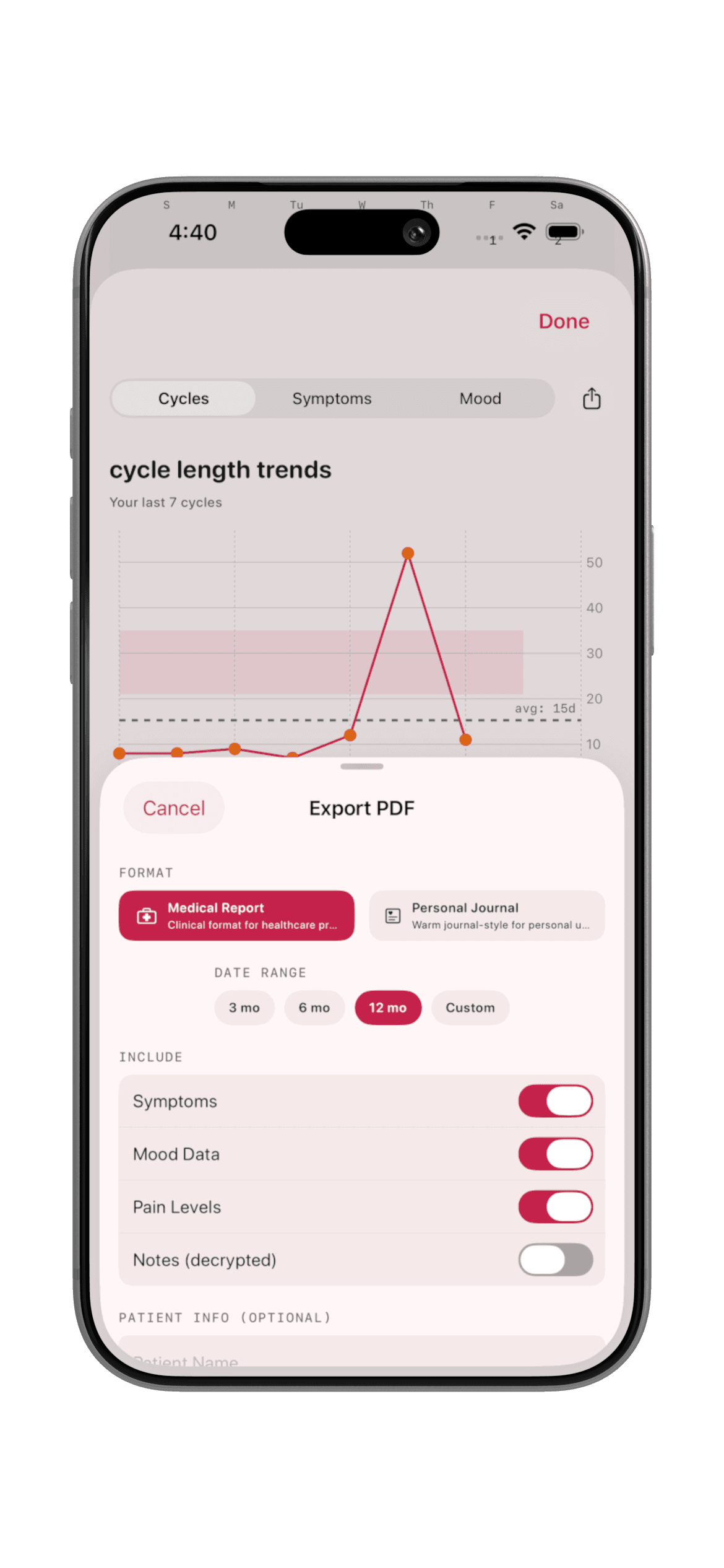 nafs cycle tracker on iPhone showing cycle length trends and an encrypted medical PDF export option