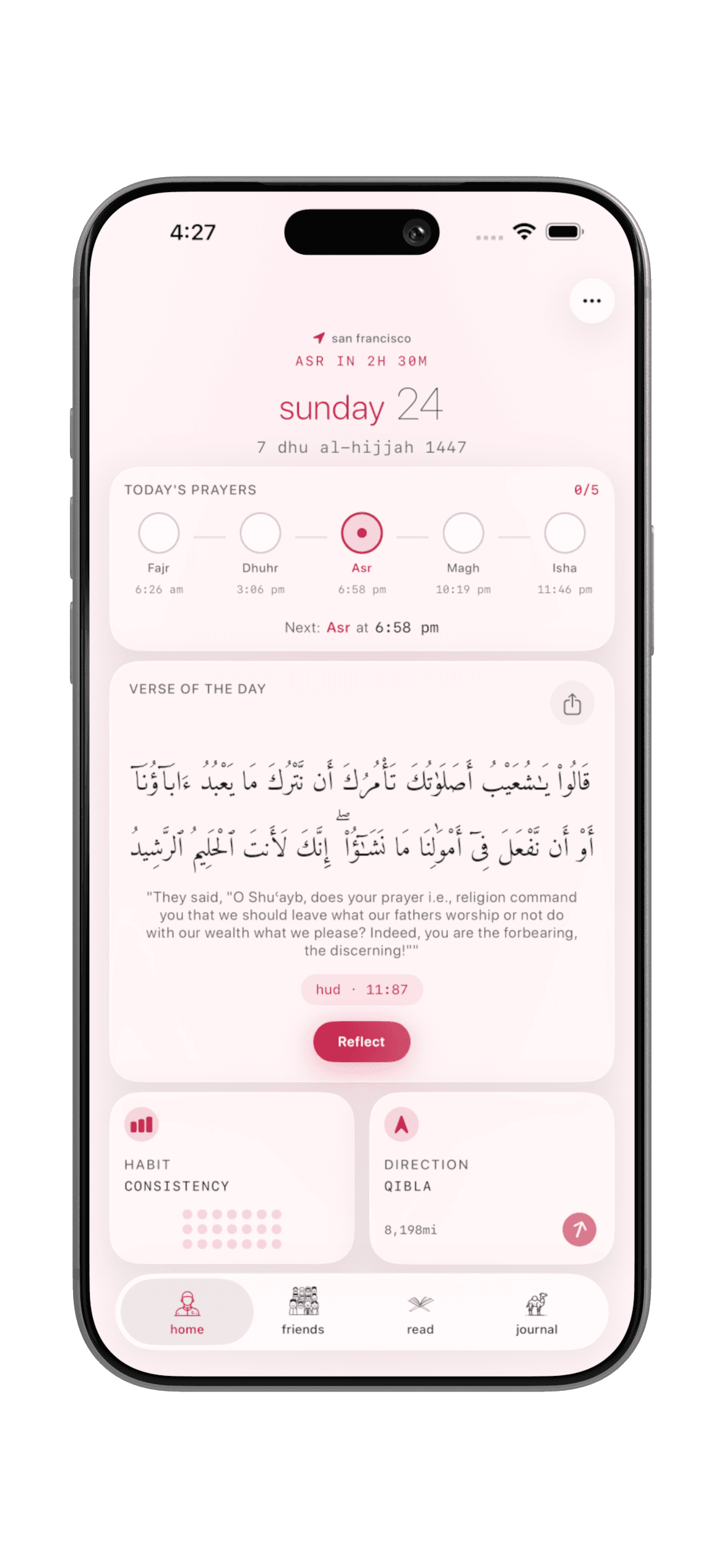 nafs prayer tracker on iPhone showing today's prayers, verse of the day, habit consistency, and qibla direction