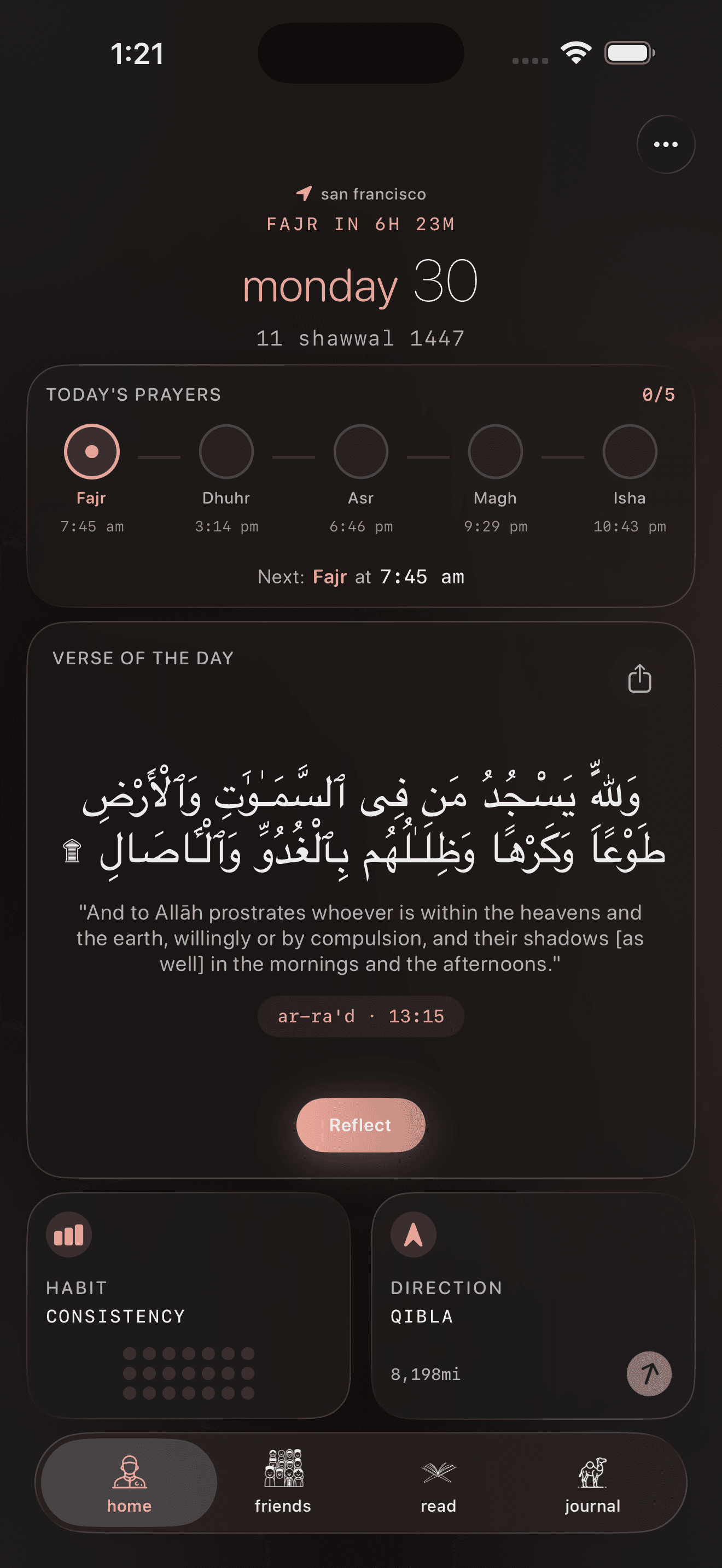 nafs app home dashboard light mode showing prayer tracking, Quran verse, and daily overview