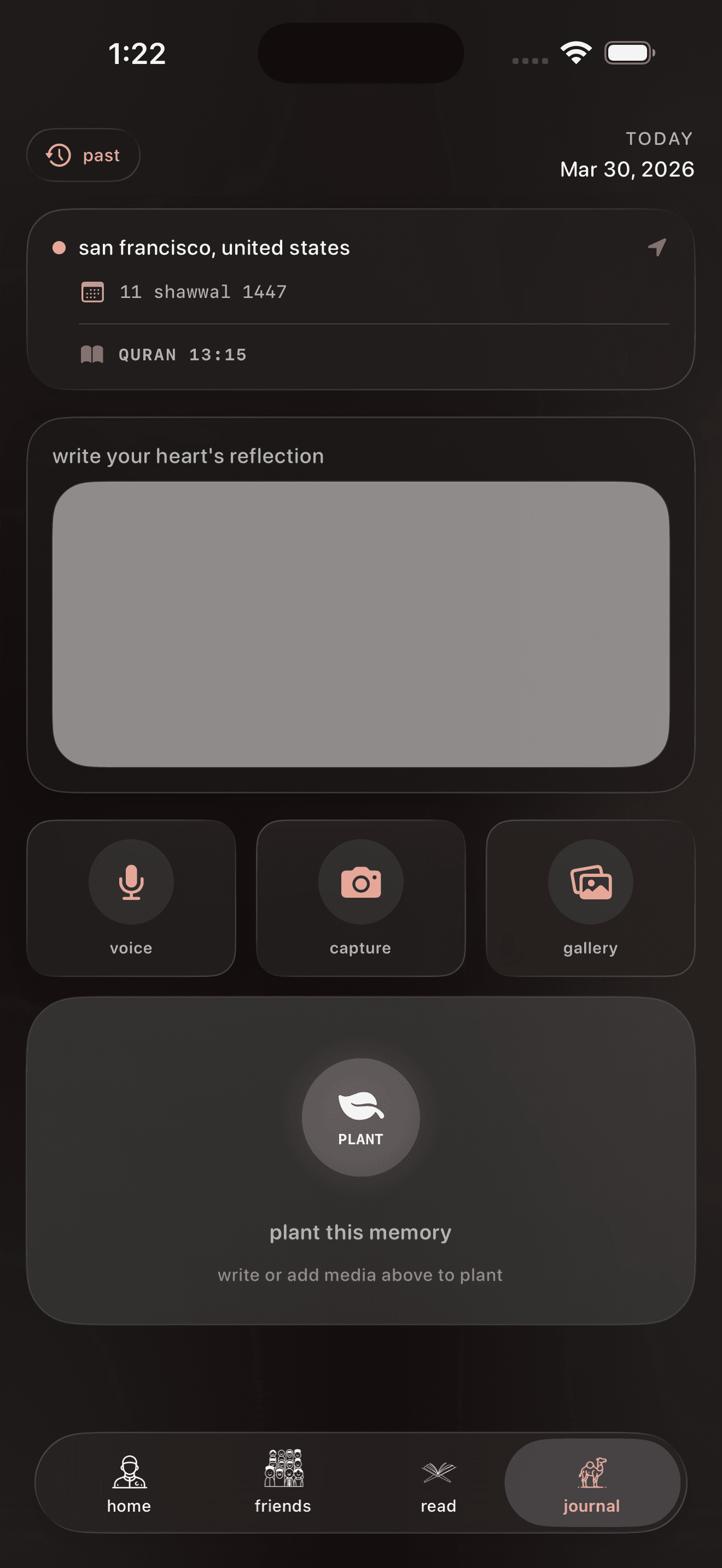 nafs app home dashboard light mode showing prayer tracking, Quran verse, and daily overview
