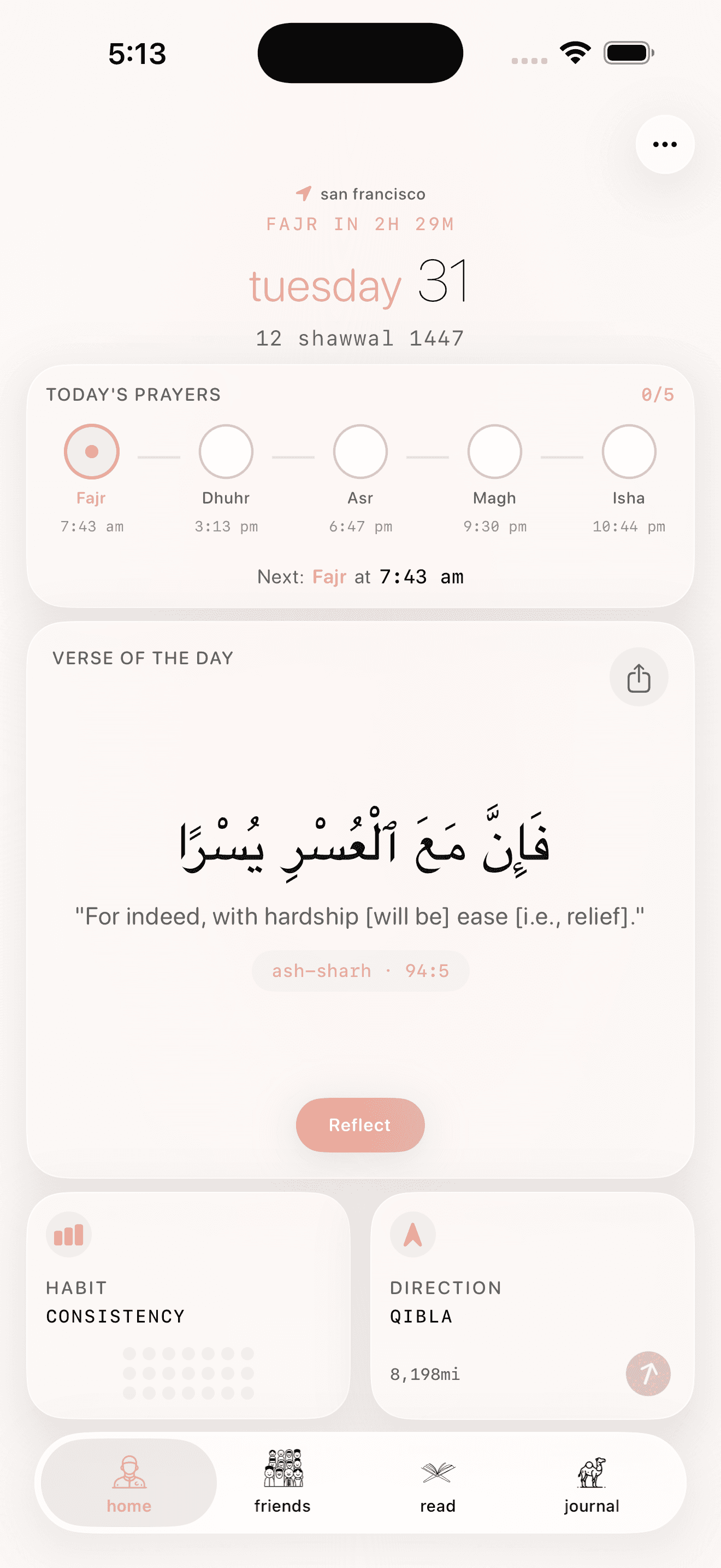 nafs app home dashboard light mode showing prayer tracking, Quran verse, and daily overview