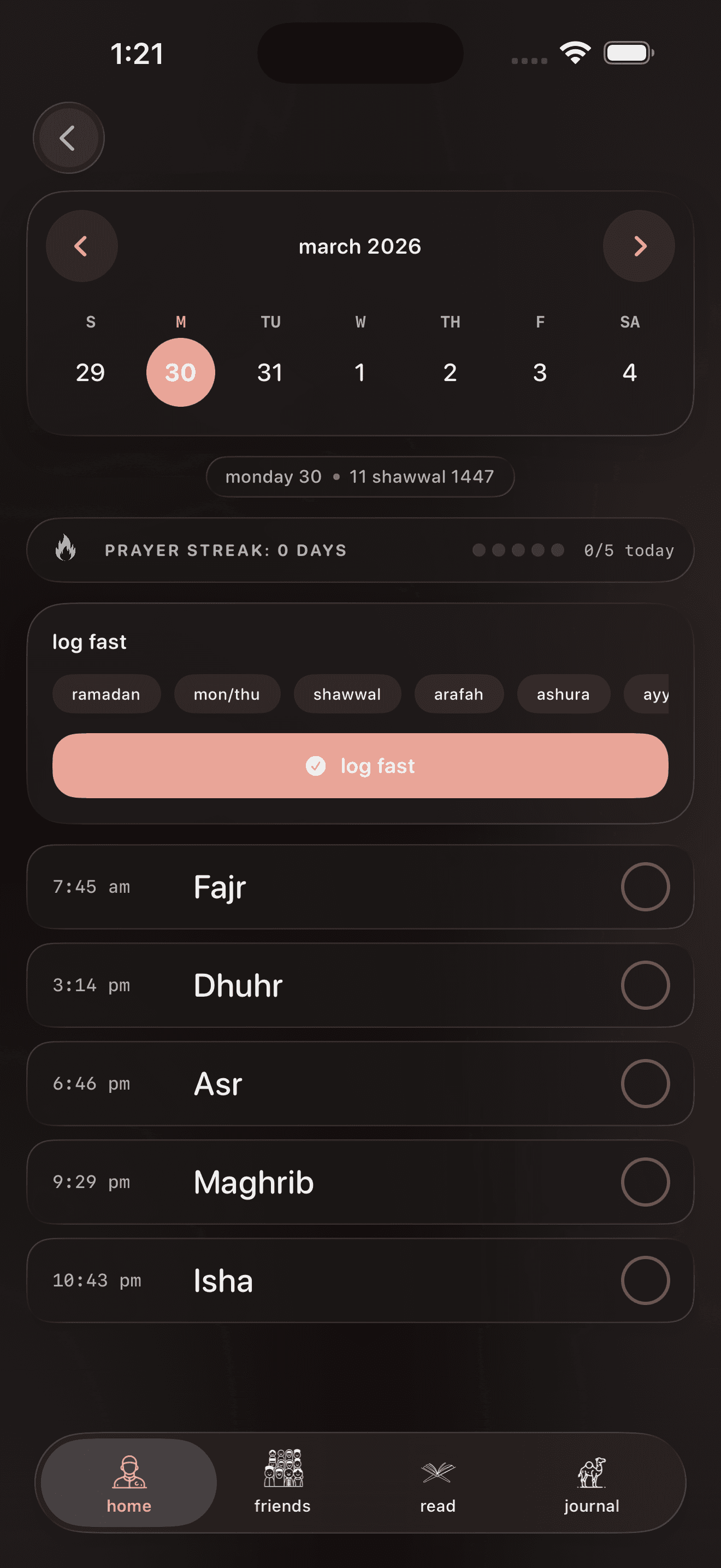 nafs app home dashboard light mode showing prayer tracking, Quran verse, and daily overview