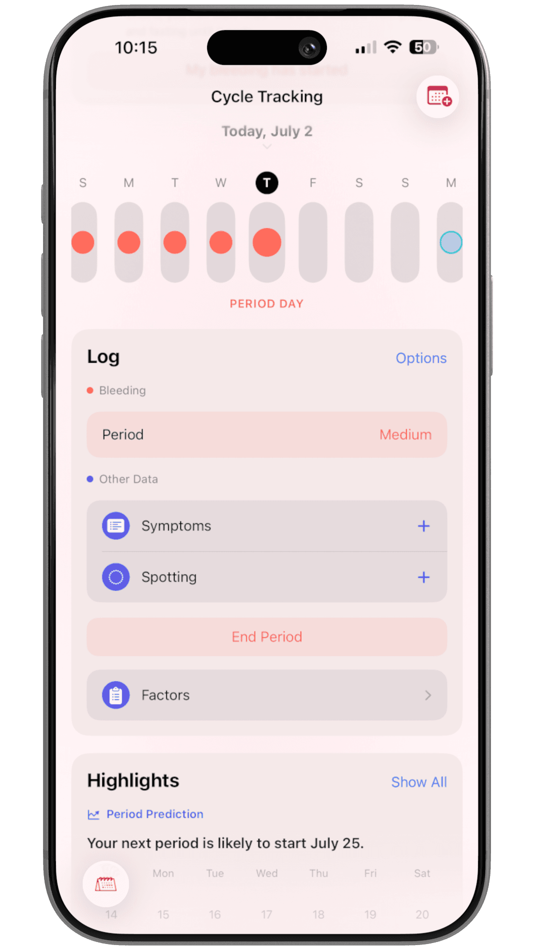 nafs cycle tracker on iPhone showing period logging, bleeding level, symptoms, and the next period prediction